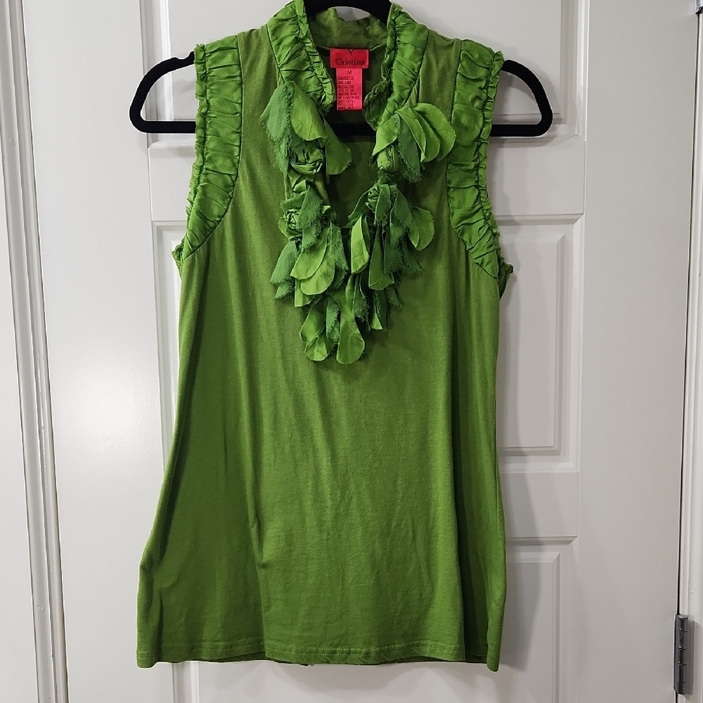 V Cristina Pea Green Sleeveless Blouse with Ruffle V-Neck - Medium